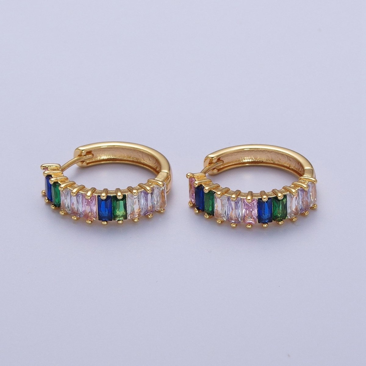 24K Gold Filled Multicolor Baguette Cubic Zirconia 18mm Huggie Hoop Earrings | Y-105 - DLUXCA