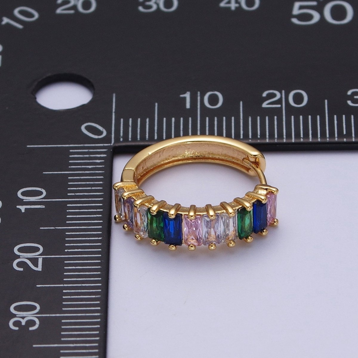 24K Gold Filled Multicolor Baguette Cubic Zirconia 18mm Huggie Hoop Earrings | Y-105 - DLUXCA