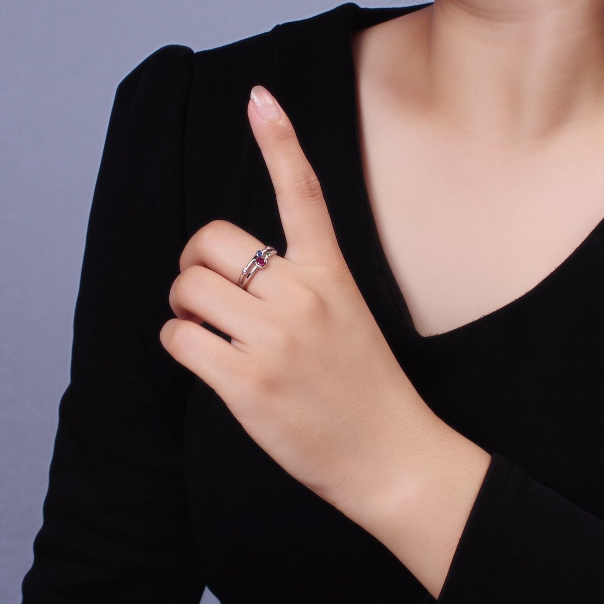 24K Gold Filled Multicolor CZ Dotted Double Band Adjustable Ring in Gold & Silver | O-615 O-616 - DLUXCA