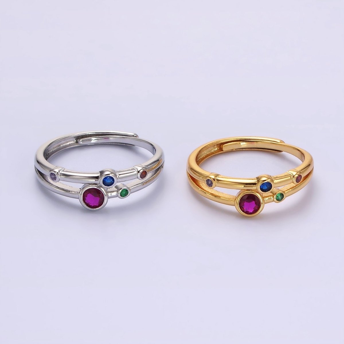 24K Gold Filled Multicolor CZ Dotted Double Band Adjustable Ring in Gold & Silver | O-615 O-616 - DLUXCA