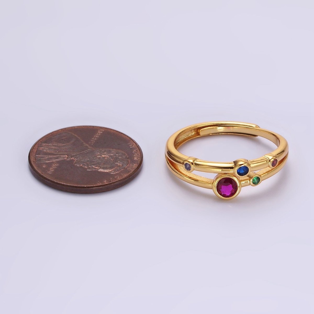 24K Gold Filled Multicolor CZ Dotted Double Band Adjustable Ring in Gold & Silver | O-615 O-616 - DLUXCA