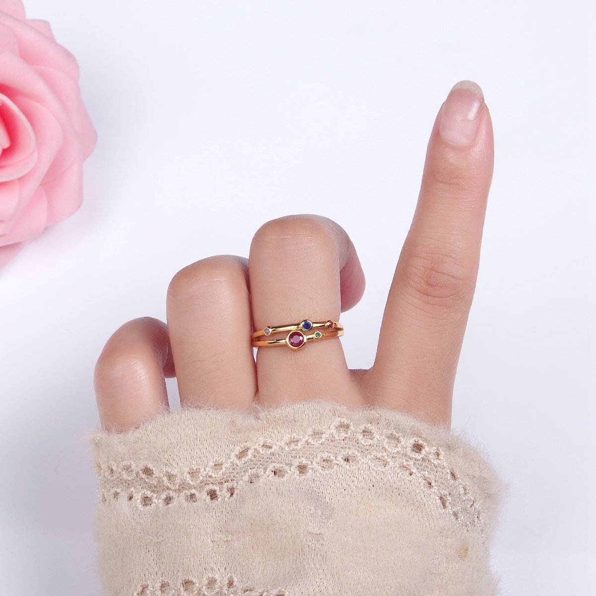 24K Gold Filled Multicolor CZ Dotted Double Band Adjustable Ring in Gold & Silver | O-615 O-616 - DLUXCA