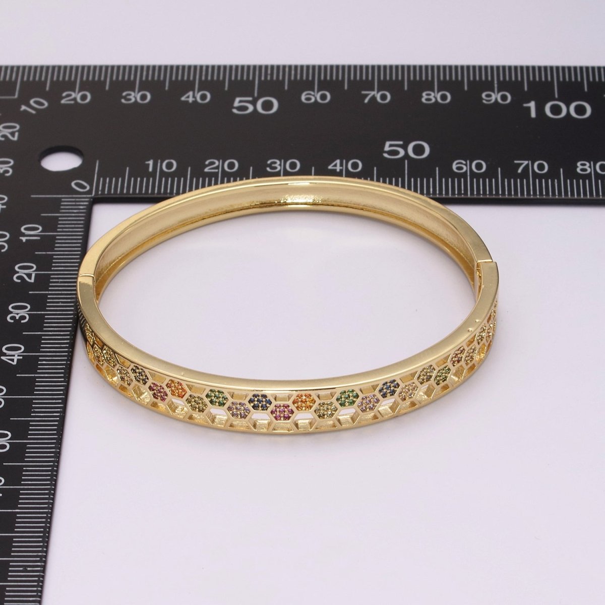 24K Gold Filled Multicolor CZ Micro Paved Open Hexagonal Lined Bangle Bracelet | WA-425 Clearance Pricing - DLUXCA
