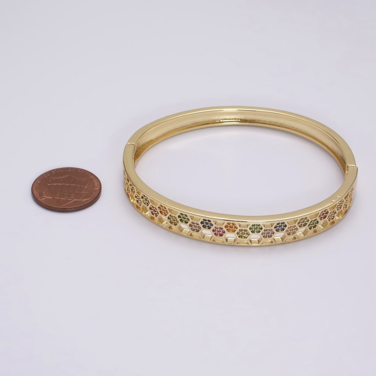 24K Gold Filled Multicolor CZ Micro Paved Open Hexagonal Lined Bangle Bracelet | WA-425 Clearance Pricing - DLUXCA