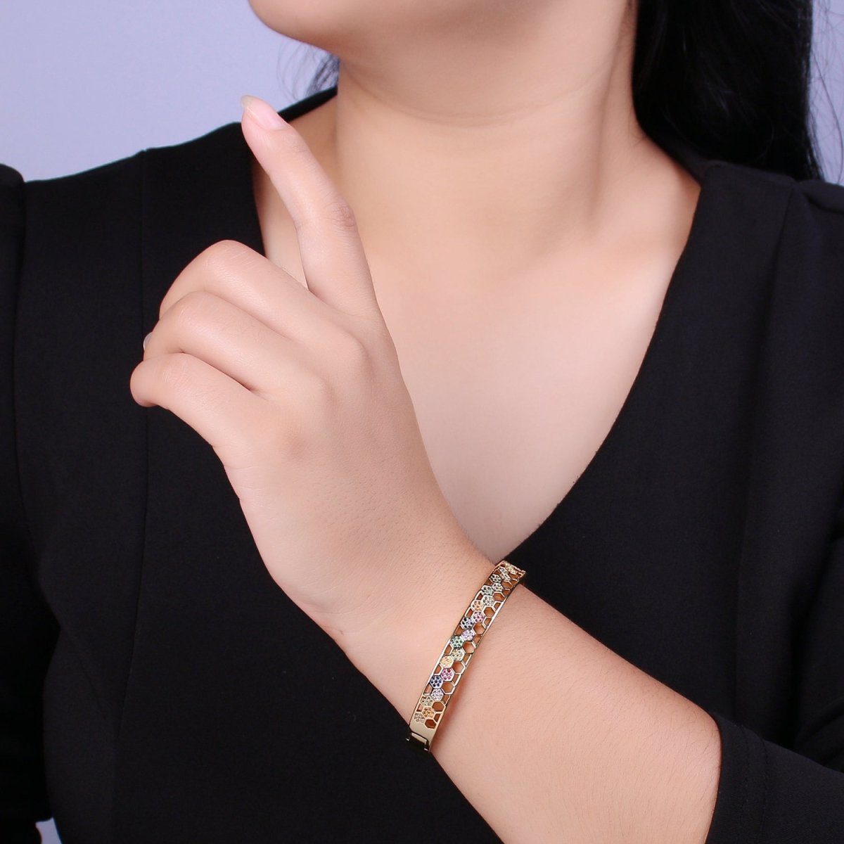 24K Gold Filled Multicolor CZ Micro Paved Open Hexagonal Lined Bangle Bracelet | WA-425 Clearance Pricing - DLUXCA