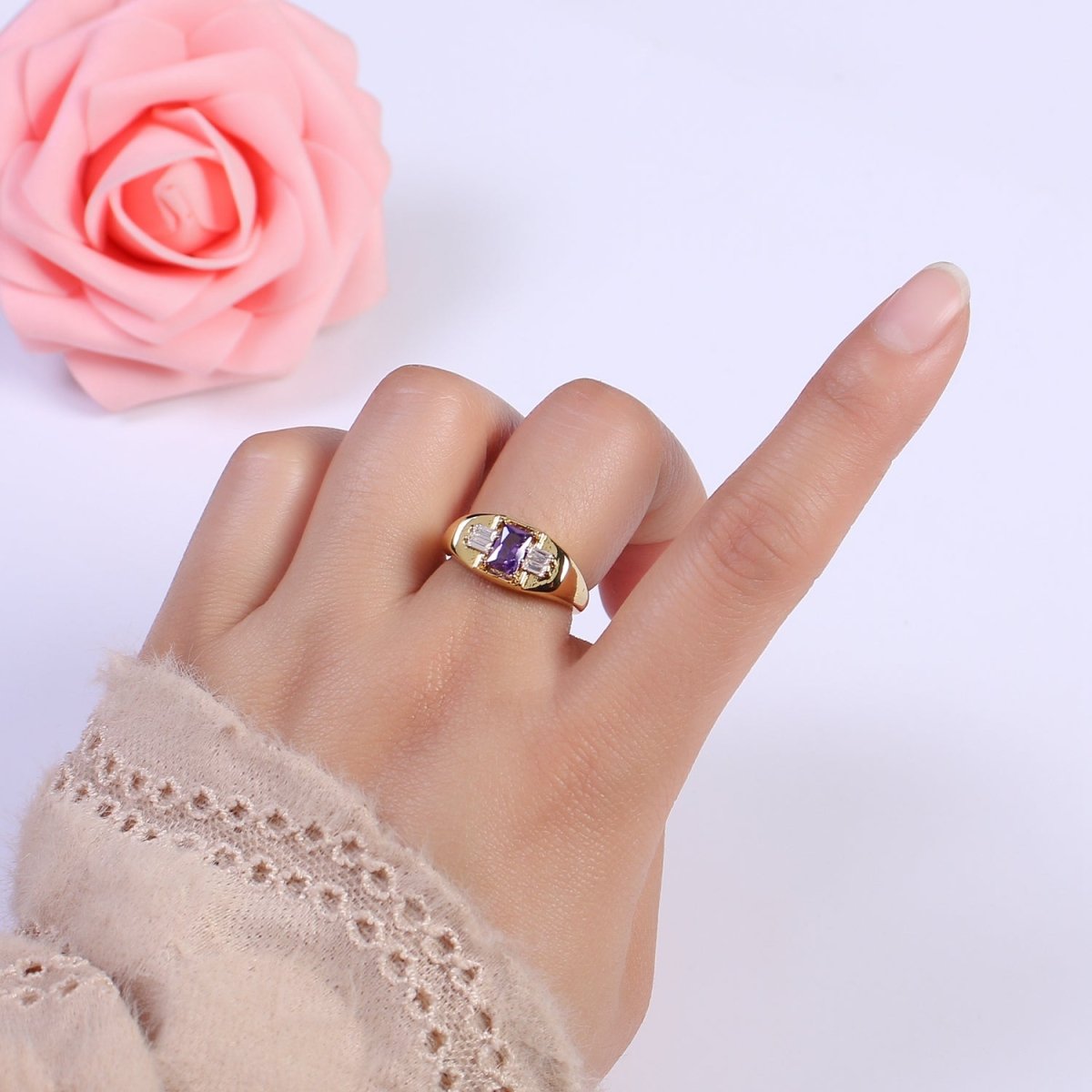 24K Gold Filled Multiple Color Crystal Cubic Zirconia CZ Cuff Ring, Minimalist Clear Baguette Signet Adjustable Ring S-327~S-330 S-335~S-338 - DLUXCA