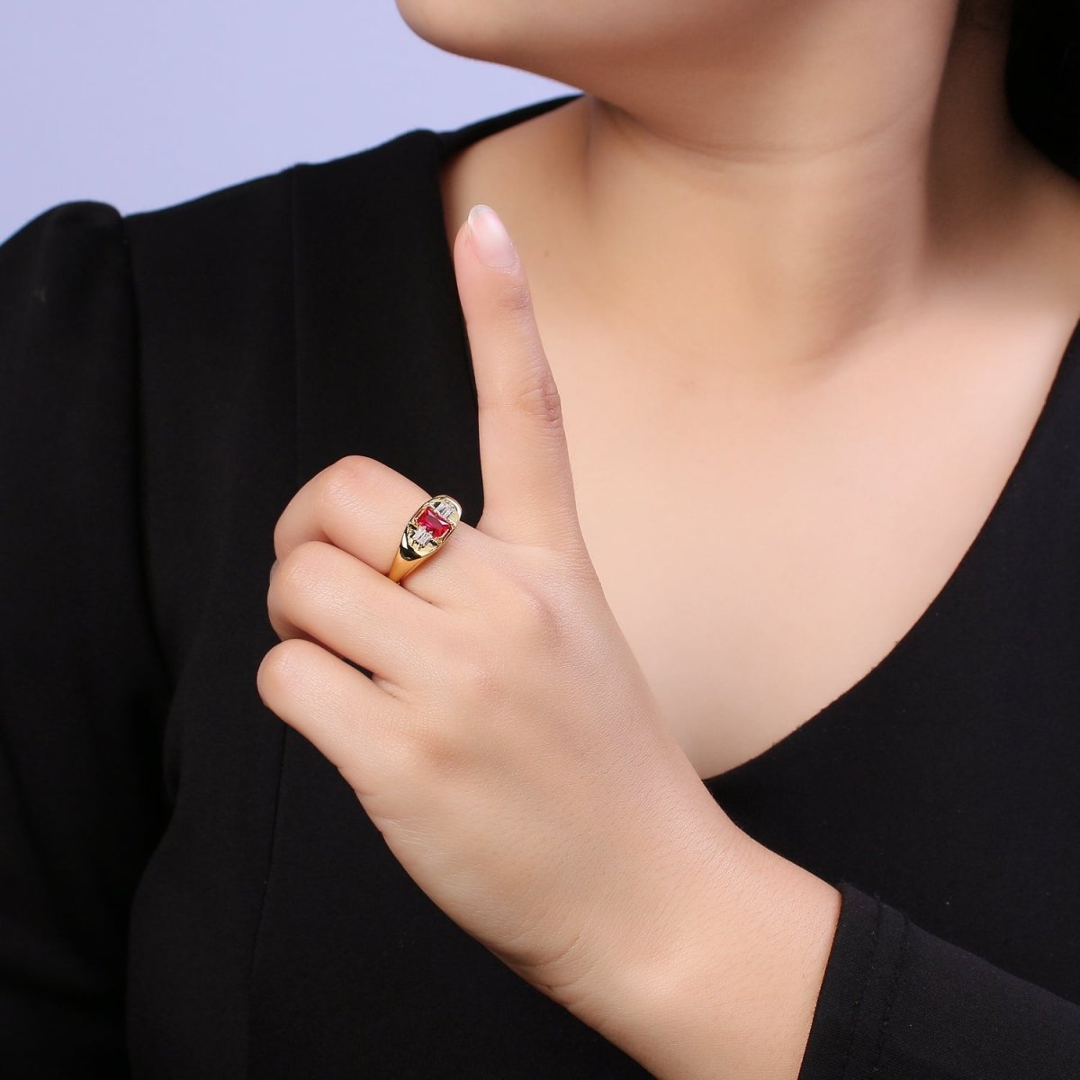 24K Gold Filled Multiple Color Crystal Cubic Zirconia CZ Cuff Ring, Minimalist Clear Baguette Signet Adjustable Ring S-327~S-330 S-335~S-338 - DLUXCA