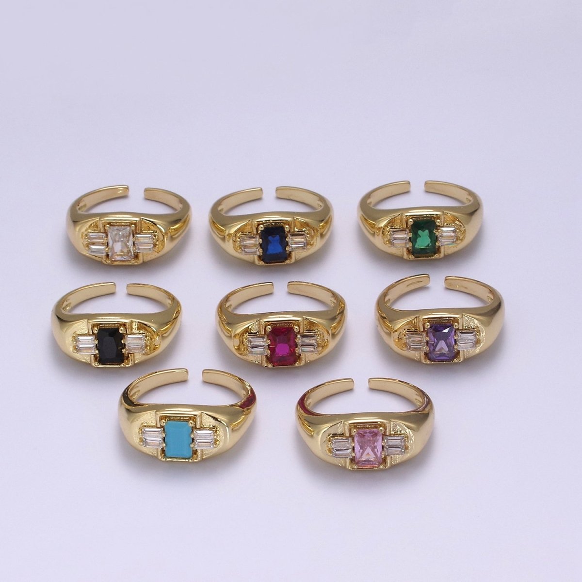 24K Gold Filled Multiple Color Crystal Cubic Zirconia CZ Cuff Ring, Minimalist Clear Baguette Signet Adjustable Ring S-327~S-330 S-335~S-338 - DLUXCA