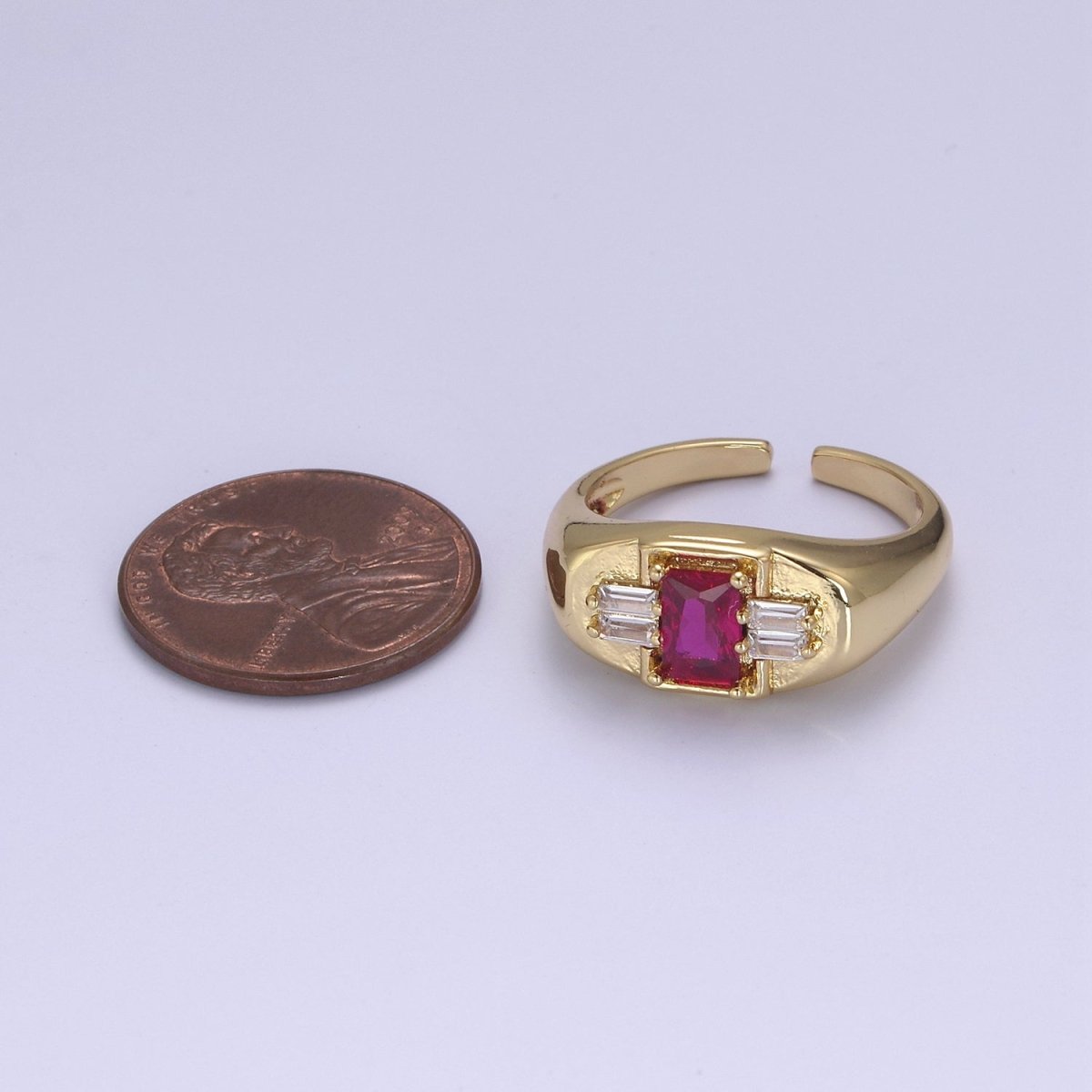 24K Gold Filled Multiple Color Crystal Cubic Zirconia CZ Cuff Ring, Minimalist Clear Baguette Signet Adjustable Ring S-327~S-330 S-335~S-338 - DLUXCA