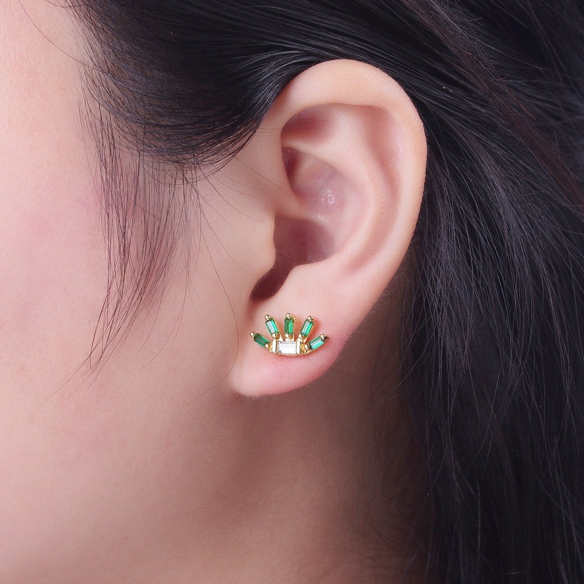 24K Gold Filled Multiple Green & Clear Baguette Cubic Zirconia Plant Flower Stud Earrings | X-861 - DLUXCA