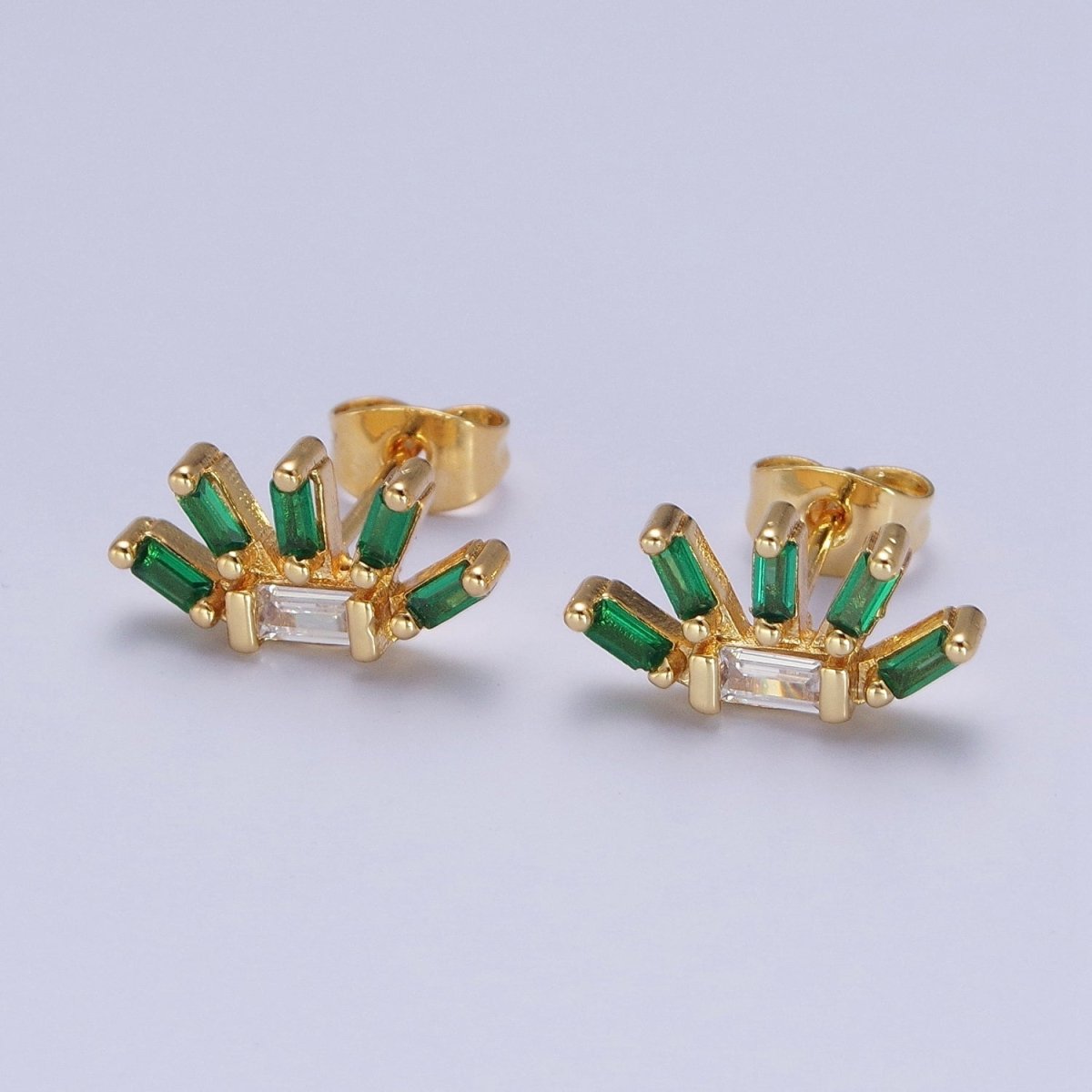 24K Gold Filled Multiple Green & Clear Baguette Cubic Zirconia Plant Flower Stud Earrings | X-861 - DLUXCA