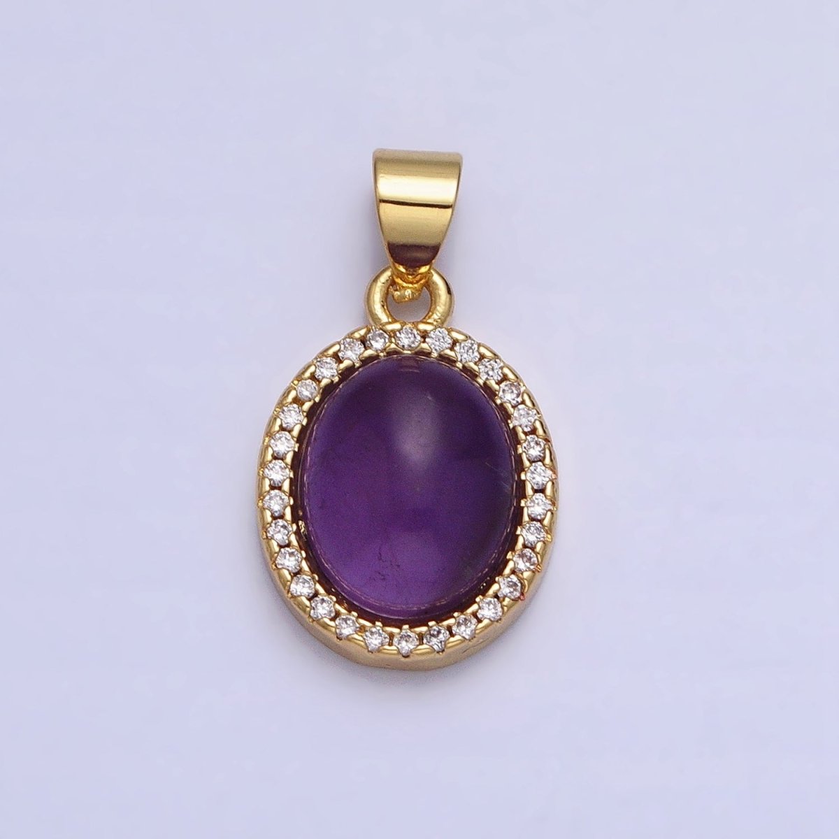 24K Gold Filled Natural Blue Agate, Moonstone, Rose Quartz, Amazonite, Amethyst Micro Paved CZ Oval Pendant | AA270 - AA274 - DLUXCA