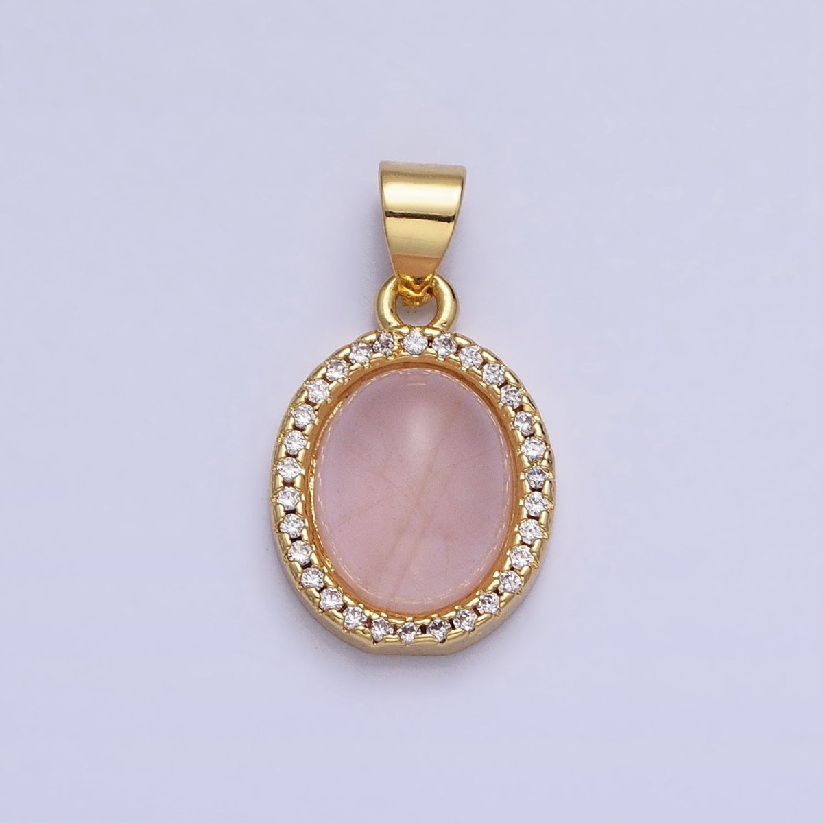 24K Gold Filled Natural Blue Agate, Moonstone, Rose Quartz, Amazonite, Amethyst Micro Paved CZ Oval Pendant | AA270 - AA274 - DLUXCA