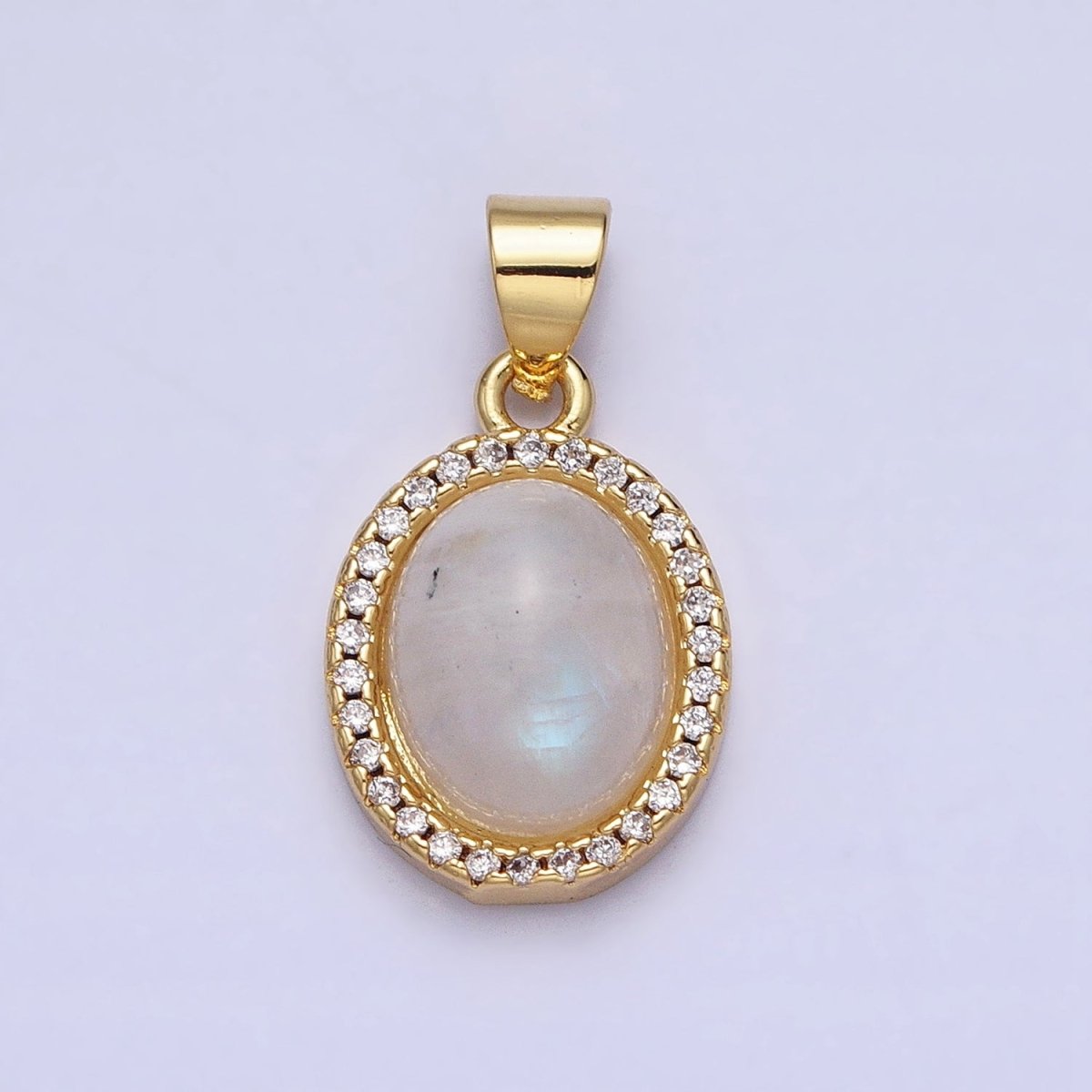 24K Gold Filled Natural Blue Agate, Moonstone, Rose Quartz, Amazonite, Amethyst Micro Paved CZ Oval Pendant | AA270 - AA274 - DLUXCA