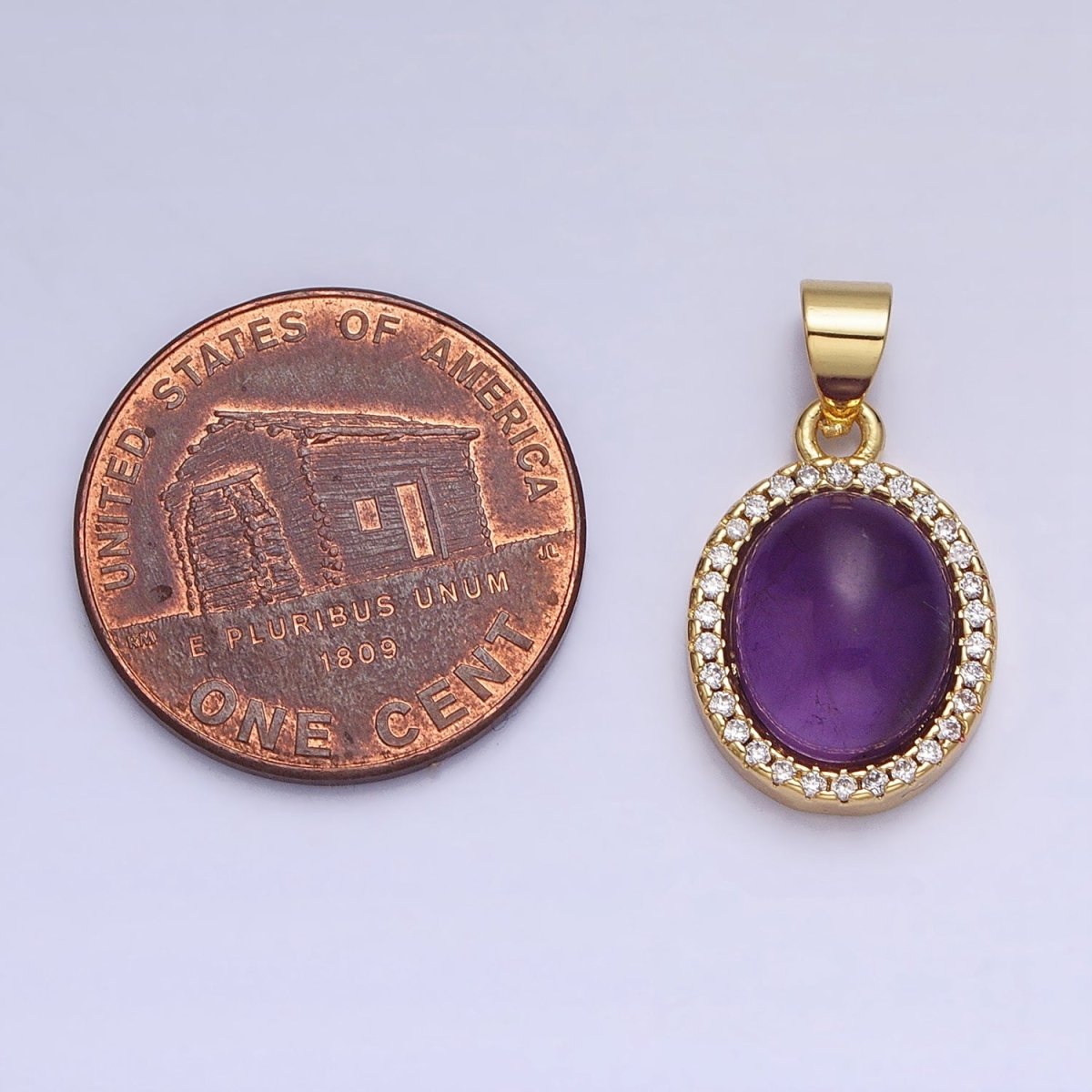 24K Gold Filled Natural Blue Agate, Moonstone, Rose Quartz, Amazonite, Amethyst Micro Paved CZ Oval Pendant | AA270 - AA274 - DLUXCA