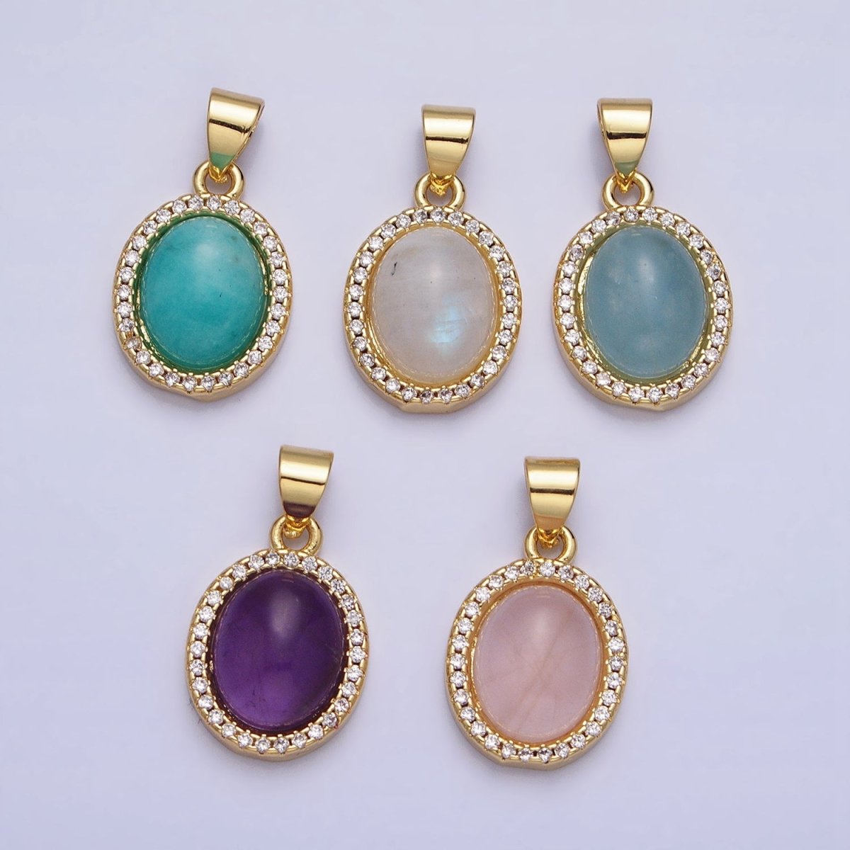 24K Gold Filled Natural Blue Agate, Moonstone, Rose Quartz, Amazonite, Amethyst Micro Paved CZ Oval Pendant | AA270 - AA274 - DLUXCA
