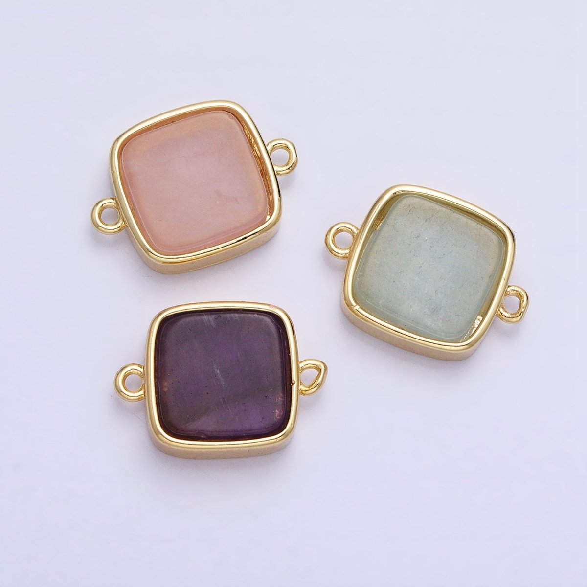 24K Gold Filled Natural Gemstone Blue Agate, Rose Quartz, Amethyst Flat Square Charm Connector | AA822 AA823 - DLUXCA