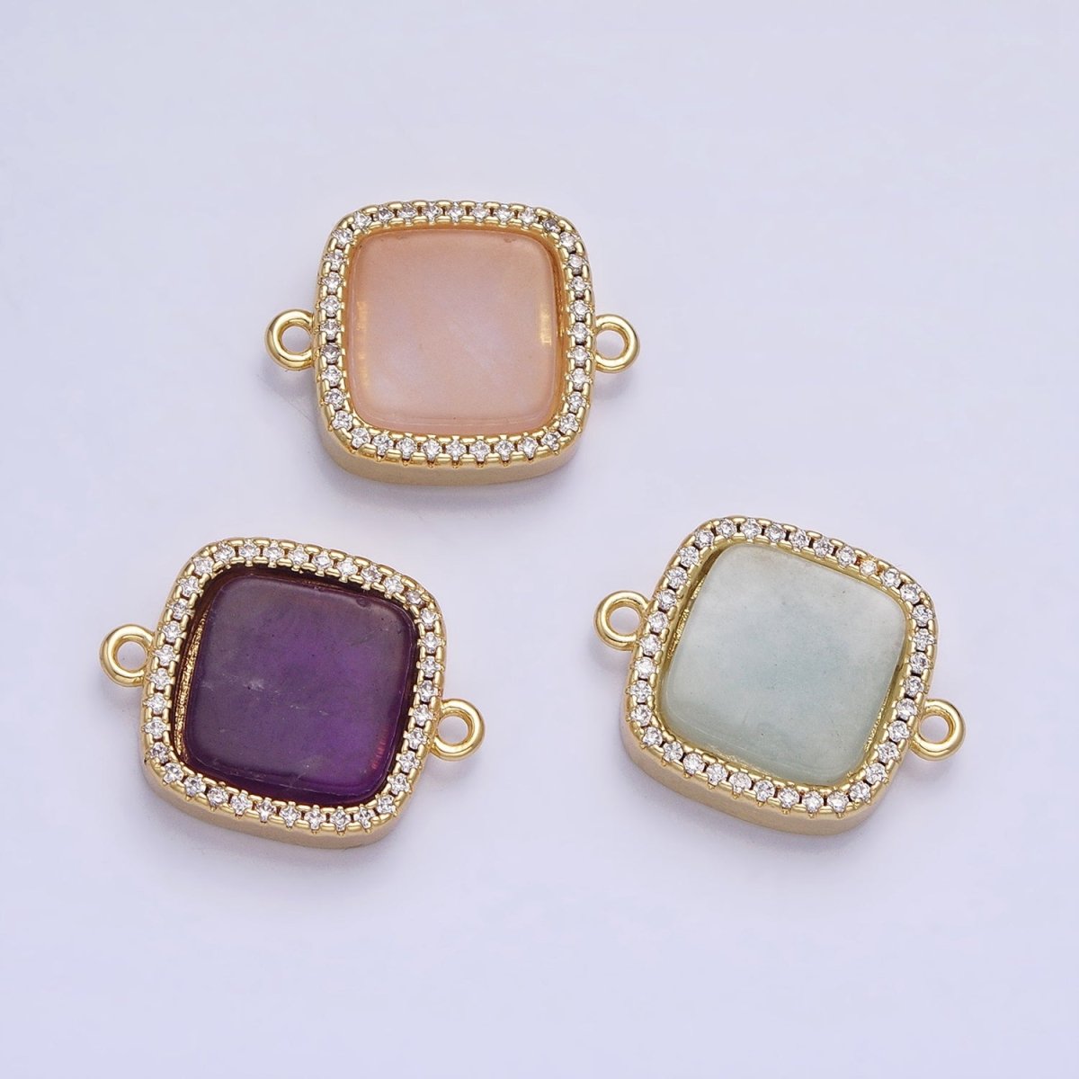 24K Gold Filled Natural Gemstone Rose Quartz, Blue Agate, Amethyst Micro Paved CZ Flat Square Connector | AA-826~AA-828 - DLUXCA