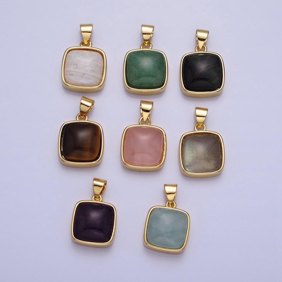 24K Gold Filled Natural Stone Amethyst, Labradorite, Moonstone, Tiger Eye, Amazonite, Aventurine, Rose Quartz, Blue Tiger Eye Square Pendant with CZ Stone | AA183 AA332 - AA338 - DLUXCA
