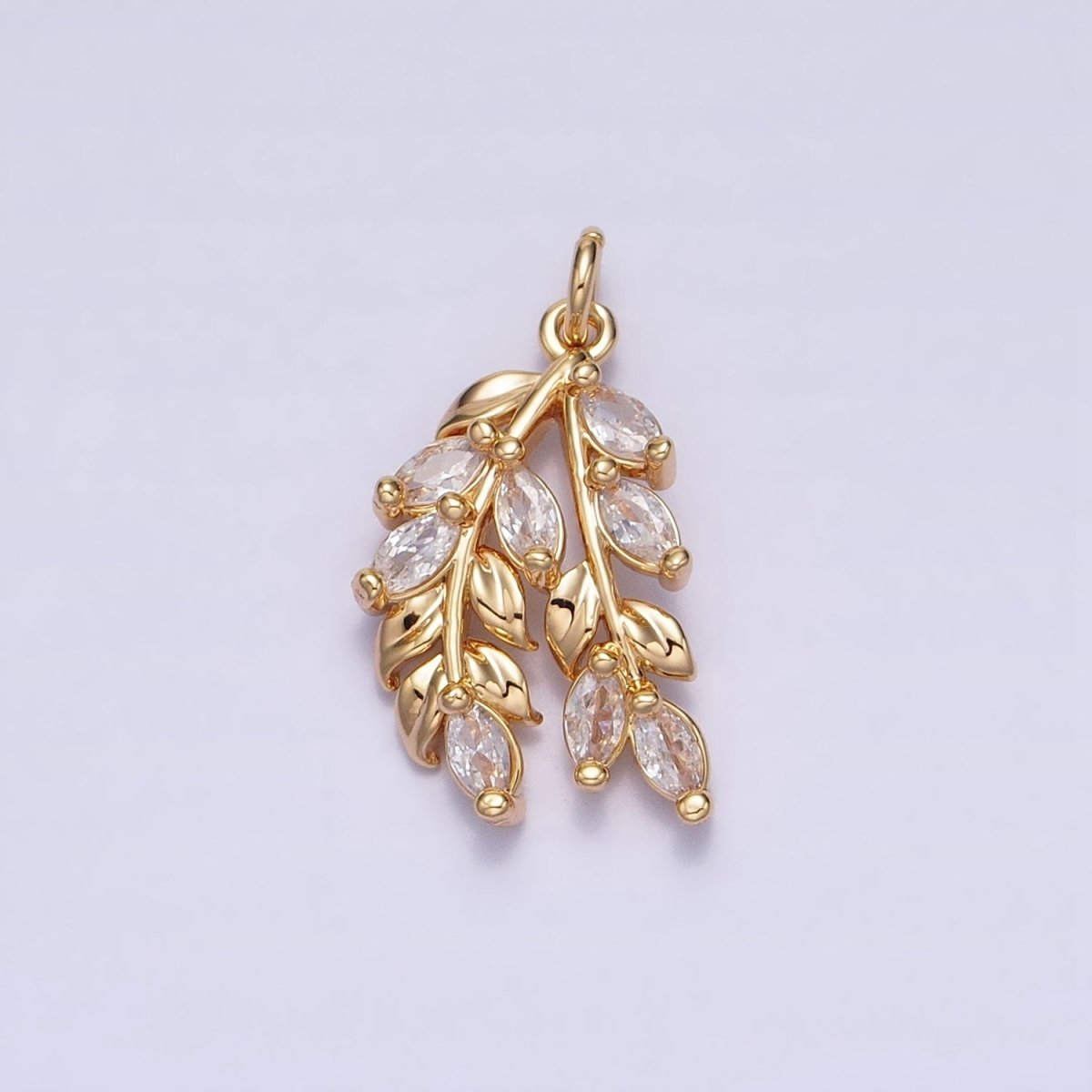 24K Gold Filled Nature Double Marquise Clear Olive Leaf Plant Add-On Charm | AC602 AC625 - DLUXCA