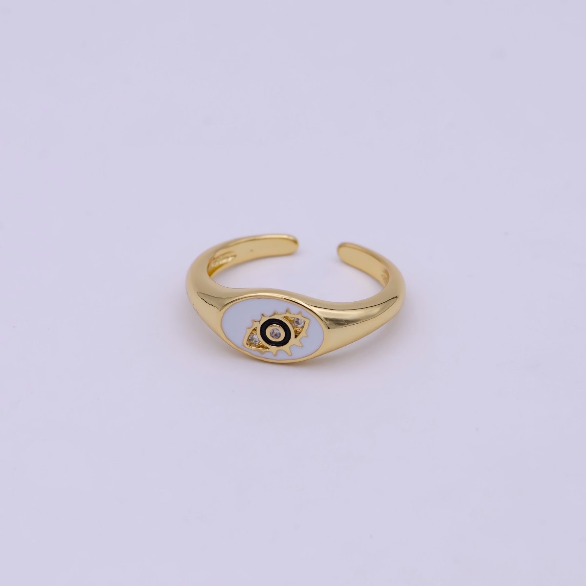 24K Gold Filled Navy Blue, White, Black Enamel Evil Eye CZ Crystal Zirconia Adjustable Stacking Ring | U-401-U-403 - DLUXCA