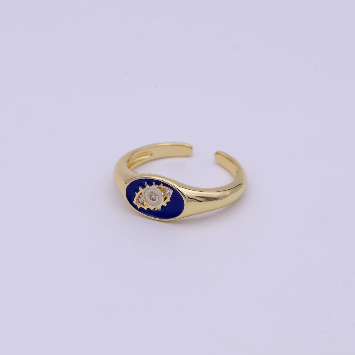 24K Gold Filled Navy Blue, White, Black Enamel Evil Eye CZ Crystal Zirconia Adjustable Stacking Ring | U-401-U-403 - DLUXCA