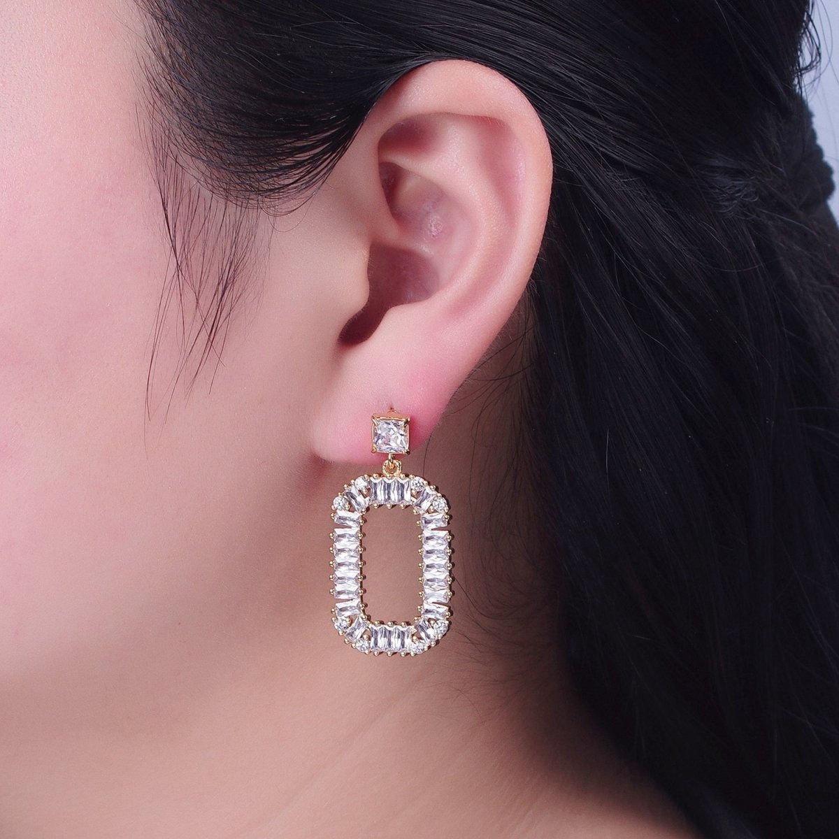 24K Gold Filled Oval Baguette Zirconia Drop & Dangle Stud Earrings P-316 - DLUXCA