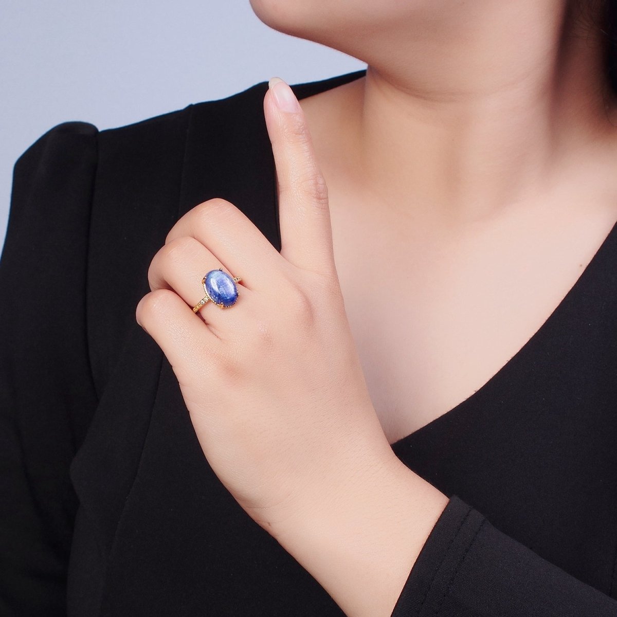 24K Gold Filled Oval Blue Lapiz Stone Ring with Micro Pave CZ Band O-2276 - DLUXCA