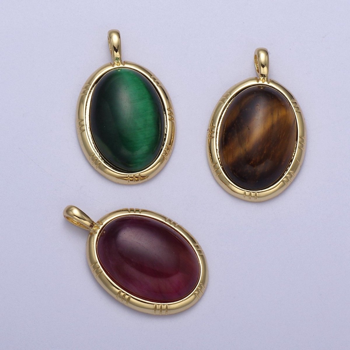 24K Gold Filled Oval Tiger Eye, Dark Green Aventurine, Fuchsia Agate Natural Healing Gemstone Pendant H-332 - H-334 - DLUXCA