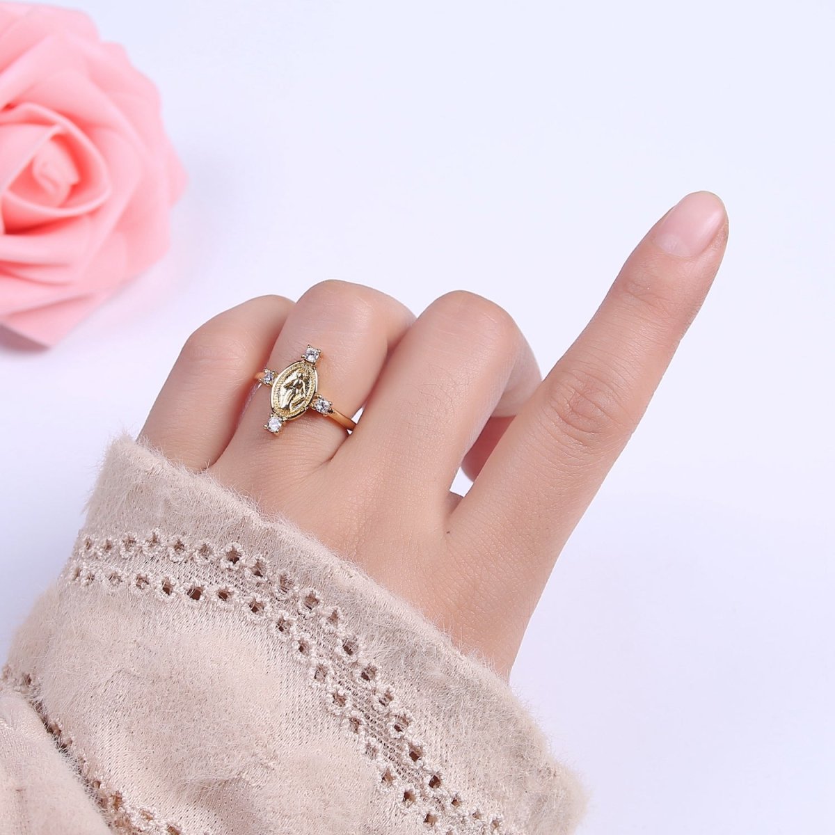 24K Gold Filled Oval Virgin Mary Ring, Crystal Zirconia CZ Adjustable Stacking Ring, Gift For Her | U-468 - DLUXCA