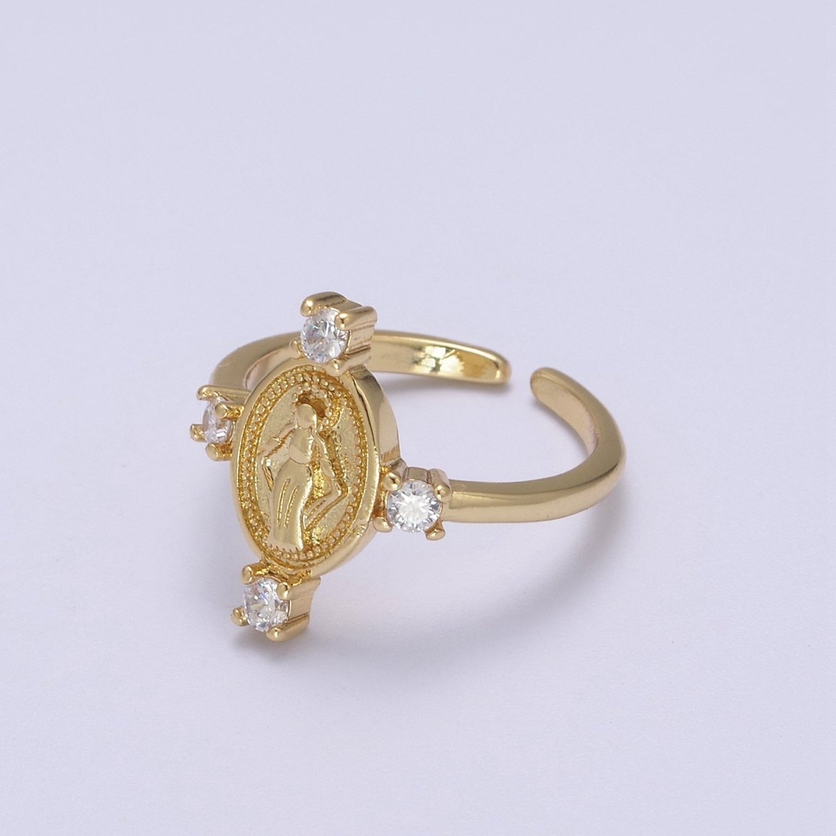 24K Gold Filled Oval Virgin Mary Ring, Crystal Zirconia CZ Adjustable Stacking Ring, Gift For Her | U-468 - DLUXCA