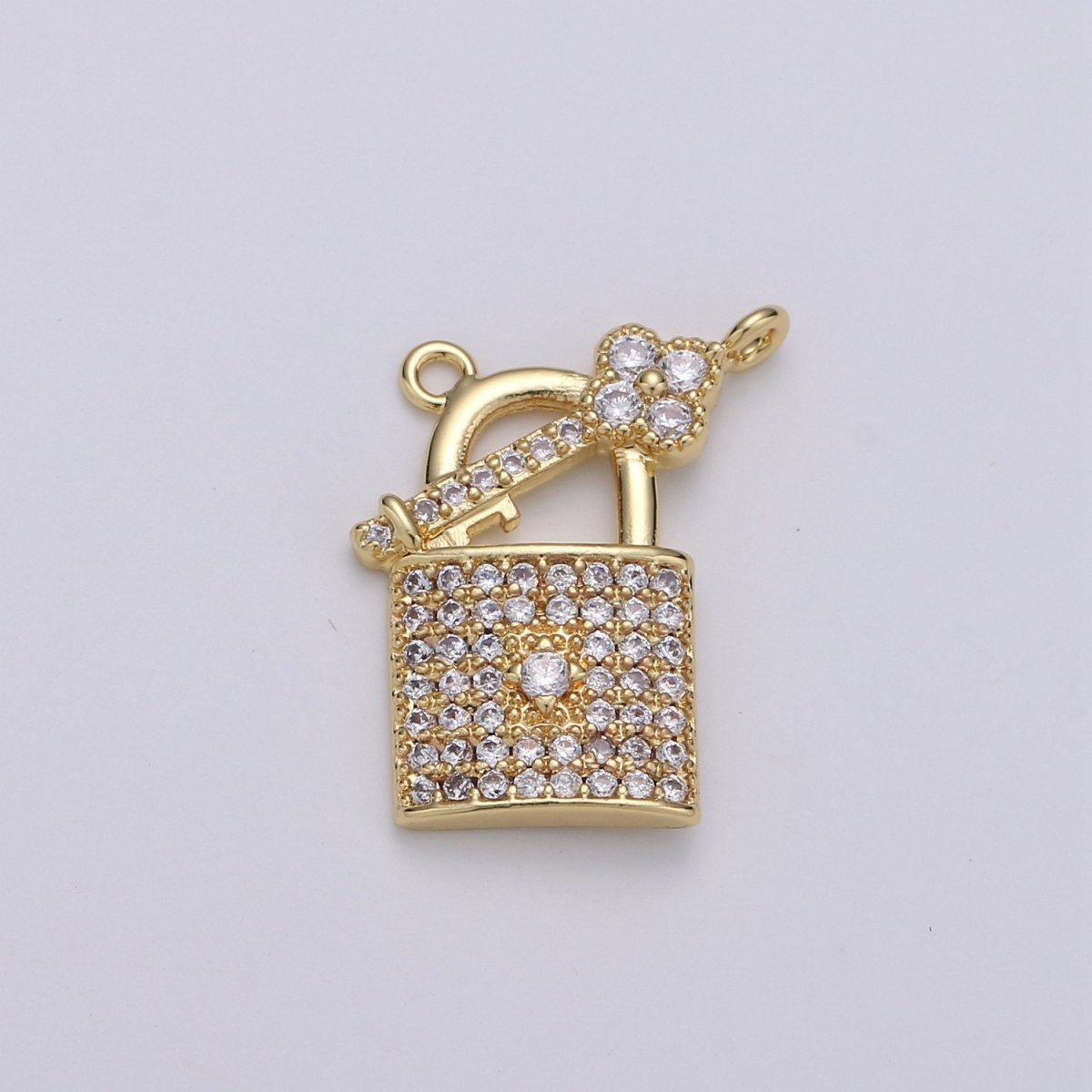 24k Gold Filled Padlock and Key CZ Micro Pave Charm Pendant Lock and Key Charm Necklace for Statement Necklace Component D-617 - DLUXCA