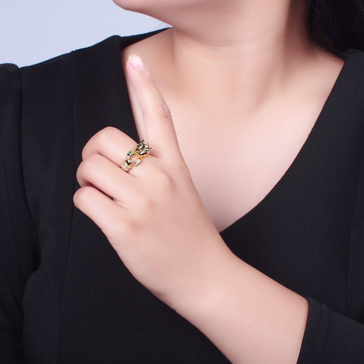 24K Gold Filled Panther Ring with Multicolor Cubic Zirconia O-791 - DLUXCA