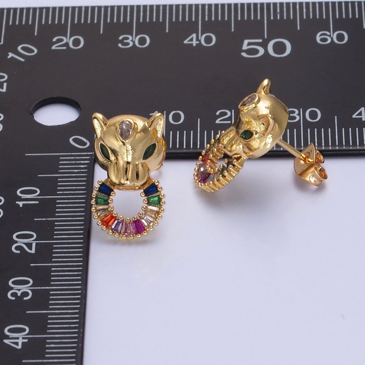 24K Gold Filled Panther Stud Earrings with Multicolor Baguette CZ Cubic Zirconia V-447 - DLUXCA