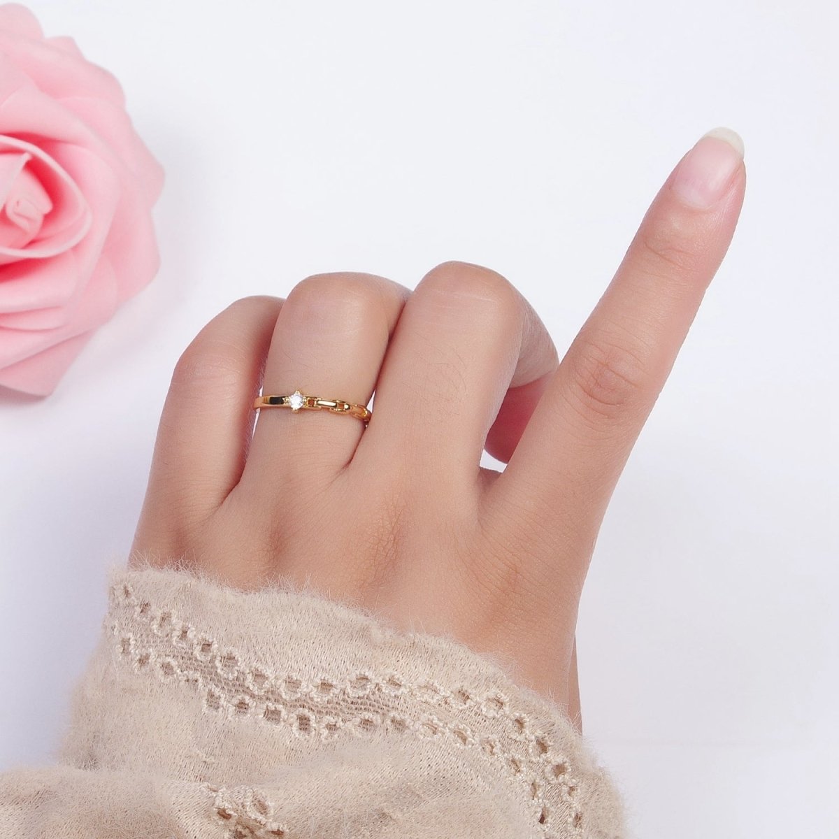 24K Gold Filled Partially Chain Link with Round Cubic Zirconia Stone Adjustable Minimalist Gold Ring | X-583 - DLUXCA