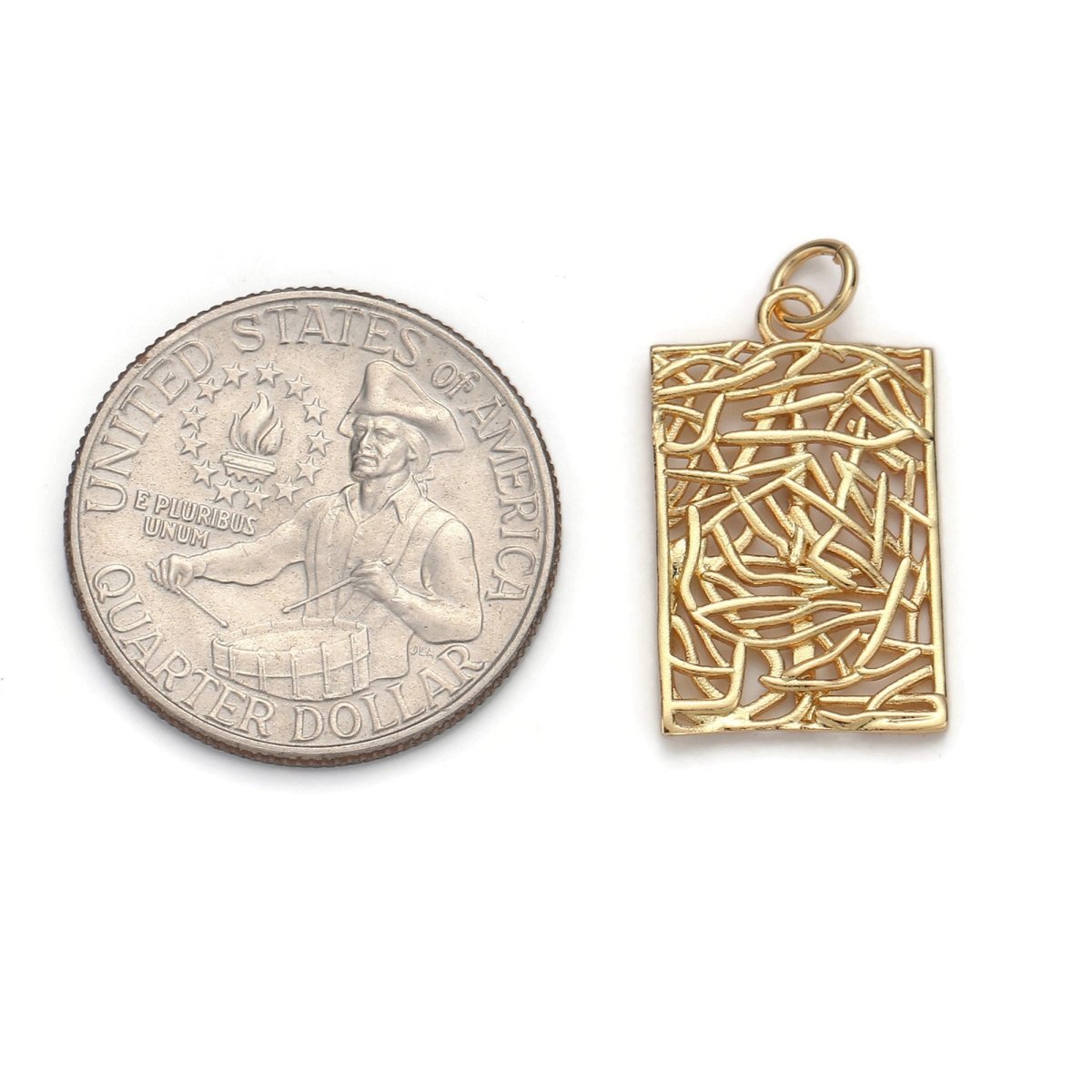 24k Gold Filled Patterned Rectangle Charm, Branch Paisley Pendant Charm, Gold Filled Charm, For DIY Jewelry, Gold Color D-055 - DLUXCA