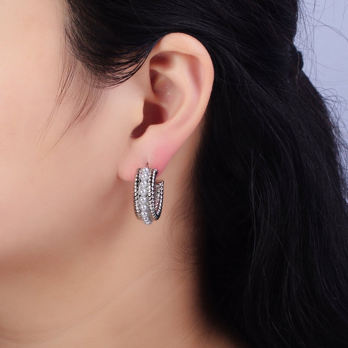 24K Gold Filled Pearl Lined Double Croissant Twist Wide C-Shaped Hoops in Gold & Silver | AB344 AB345 - DLUXCA