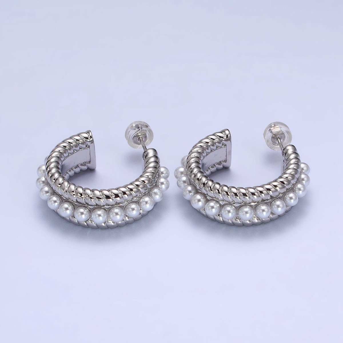 24K Gold Filled Pearl Lined Double Croissant Twist Wide C-Shaped Hoops in Gold & Silver | AB344 AB345 - DLUXCA