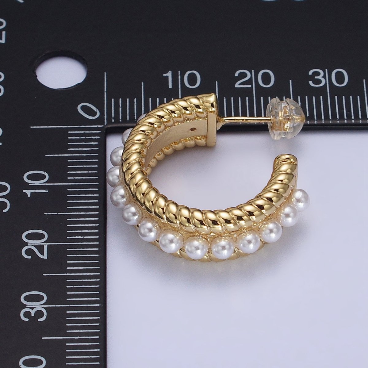 24K Gold Filled Pearl Lined Double Croissant Twist Wide C-Shaped Hoops in Gold & Silver | AB344 AB345 - DLUXCA