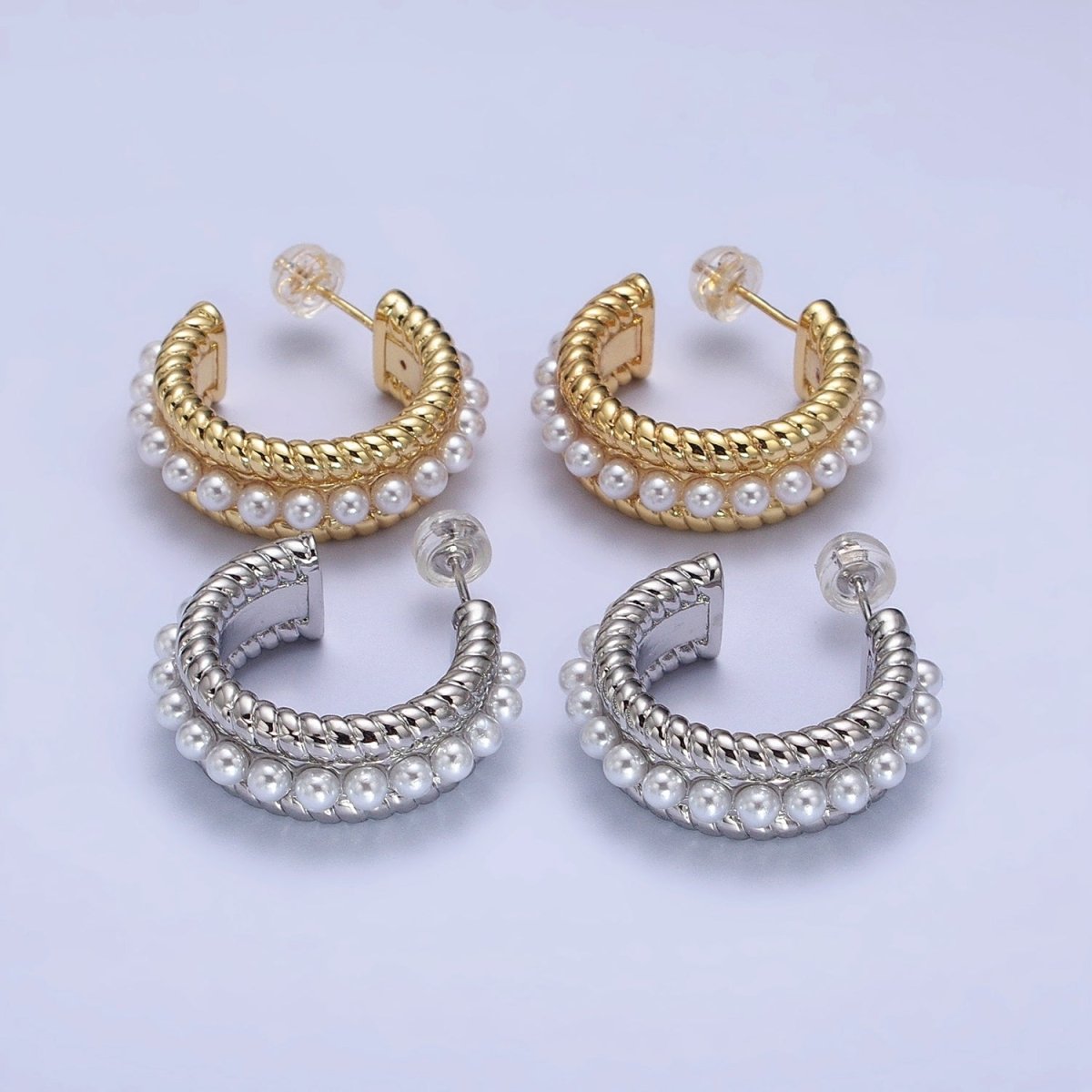 24K Gold Filled Pearl Lined Double Croissant Twist Wide C-Shaped Hoops in Gold & Silver | AB344 AB345 - DLUXCA