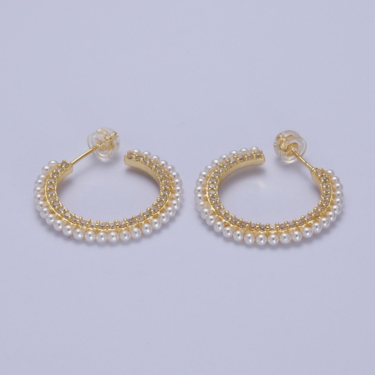 24K Gold Filled Pearl Lined Front Micro Paved CZ Side C-Shaped 26mm Hoop Earrings | Y-226 - DLUXCA