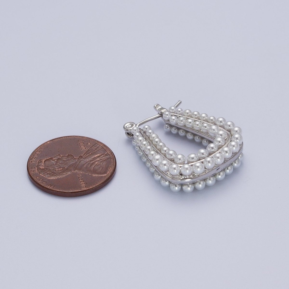 24K Gold Filled Pearl Lined Geometric Latch Hoops Earrings in Gold & Silver | V-032 V-033 - DLUXCA