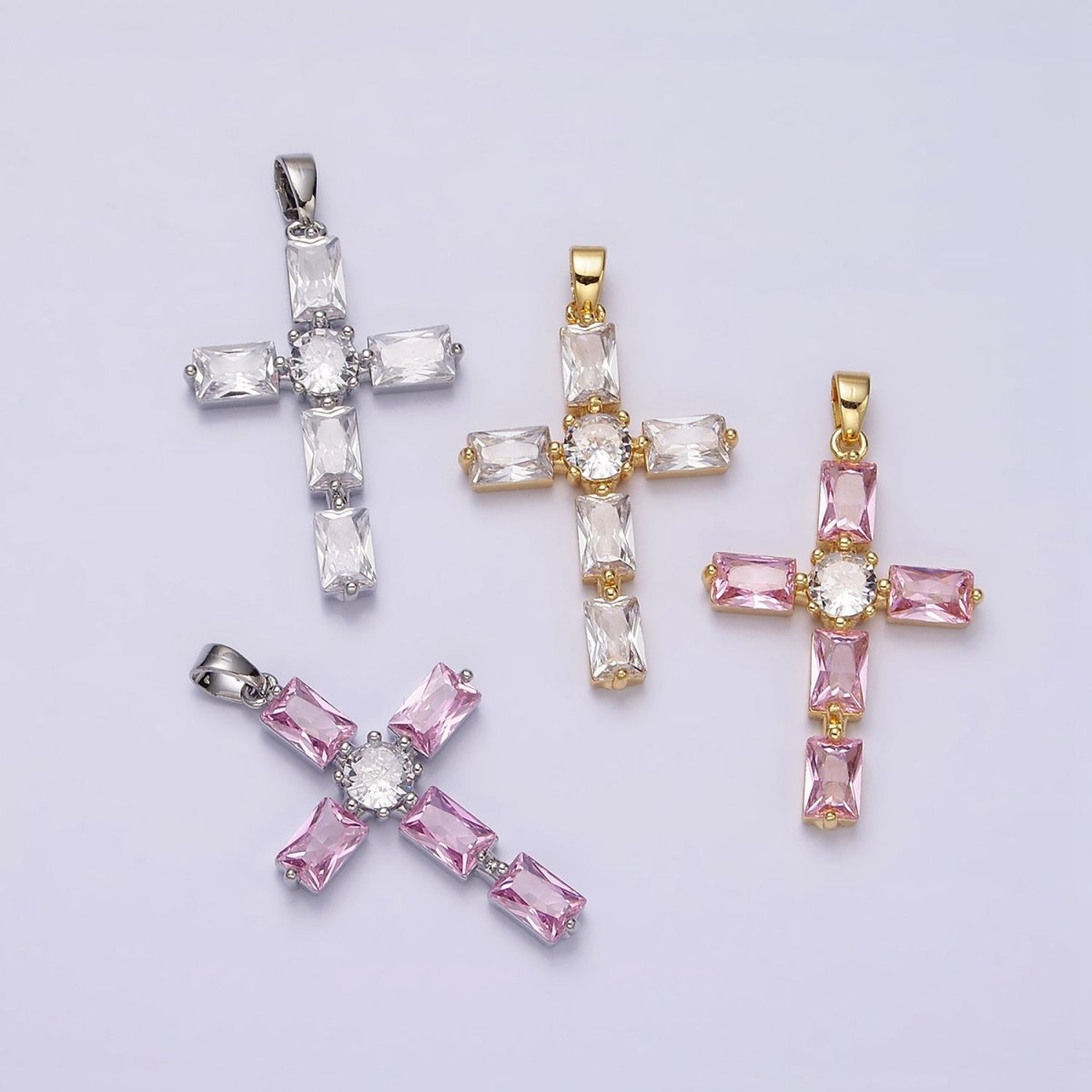 24K Gold Filled Pink, Clear Baguette Dotted Religious Cross in Silver & Gold | AA543 - AA546 - DLUXCA