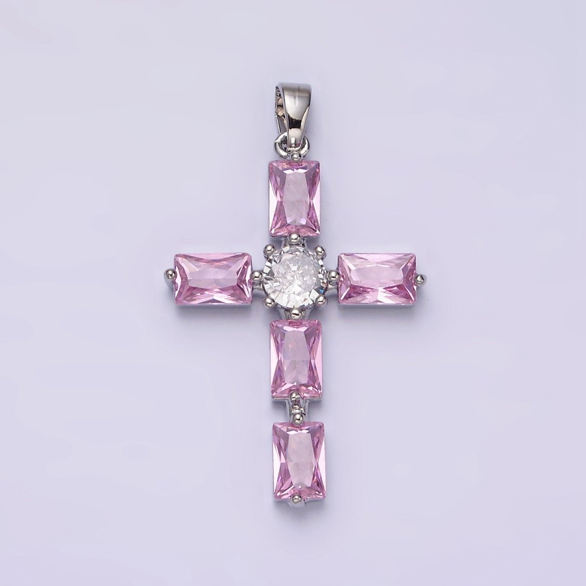 24K Gold Filled Pink, Clear Baguette Dotted Religious Cross in Silver & Gold | AA543 - AA546 - DLUXCA