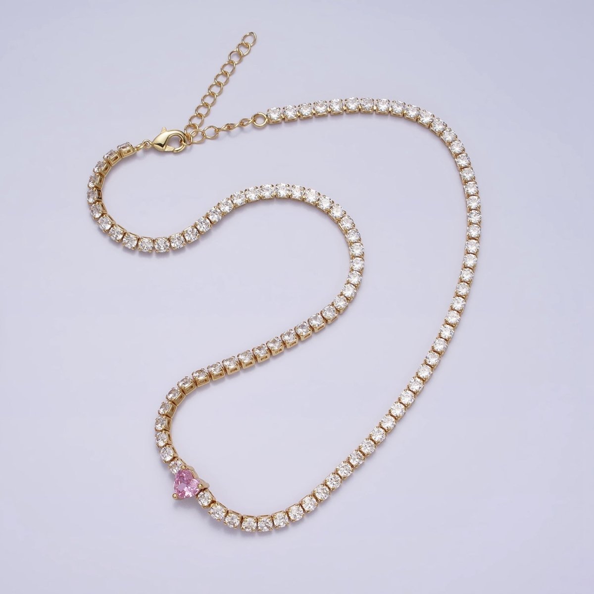 24K Gold Filled Pink Clear CZ Heart Valentine Tennis Chain 13.75mm Choker Minimalist Necklace | WA-1732 WA-1733 Clearance Pricing - DLUXCA
