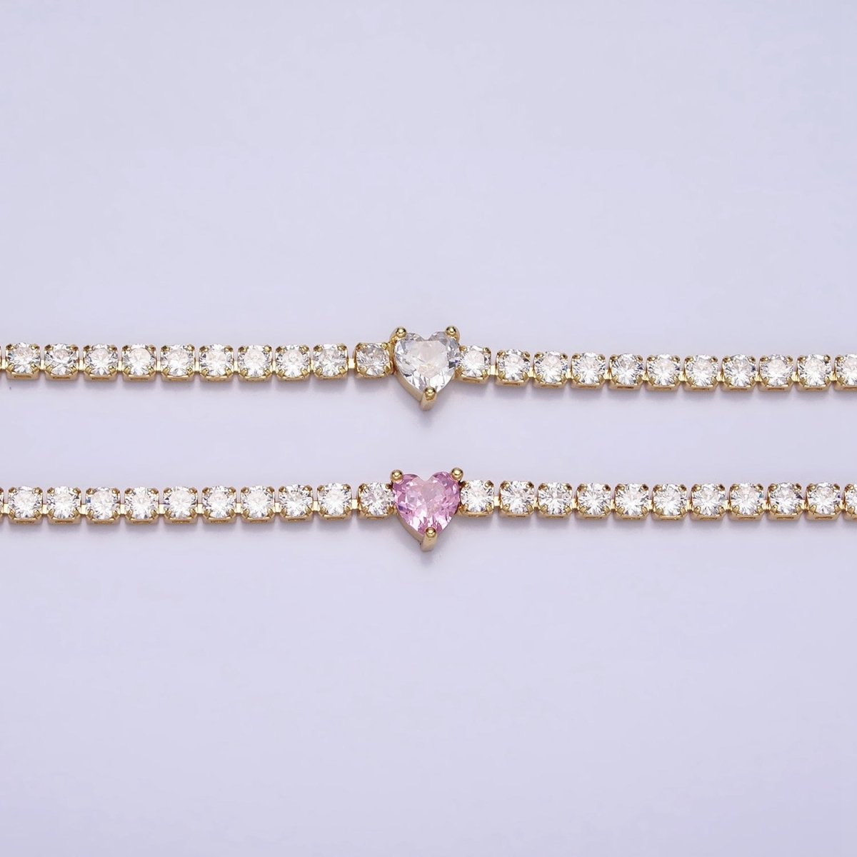 24K Gold Filled Pink Clear CZ Heart Valentine Tennis Chain 13.75mm Choker Minimalist Necklace | WA-1732 WA-1733 Clearance Pricing - DLUXCA