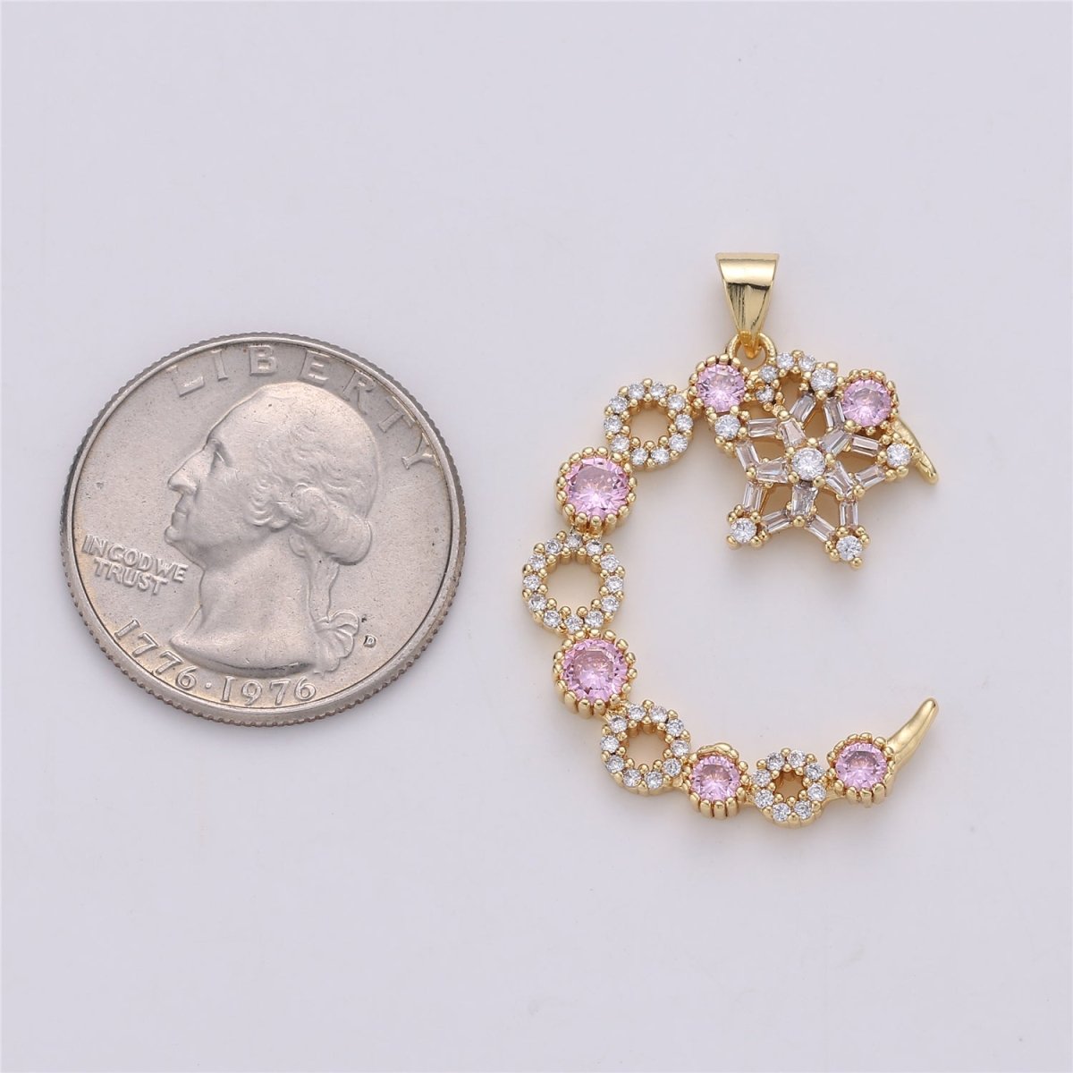 24K Gold Filled Pink Clear Micro Paved Cubic Zirconia Moon and Stars Pendant I-577 - DLUXCA