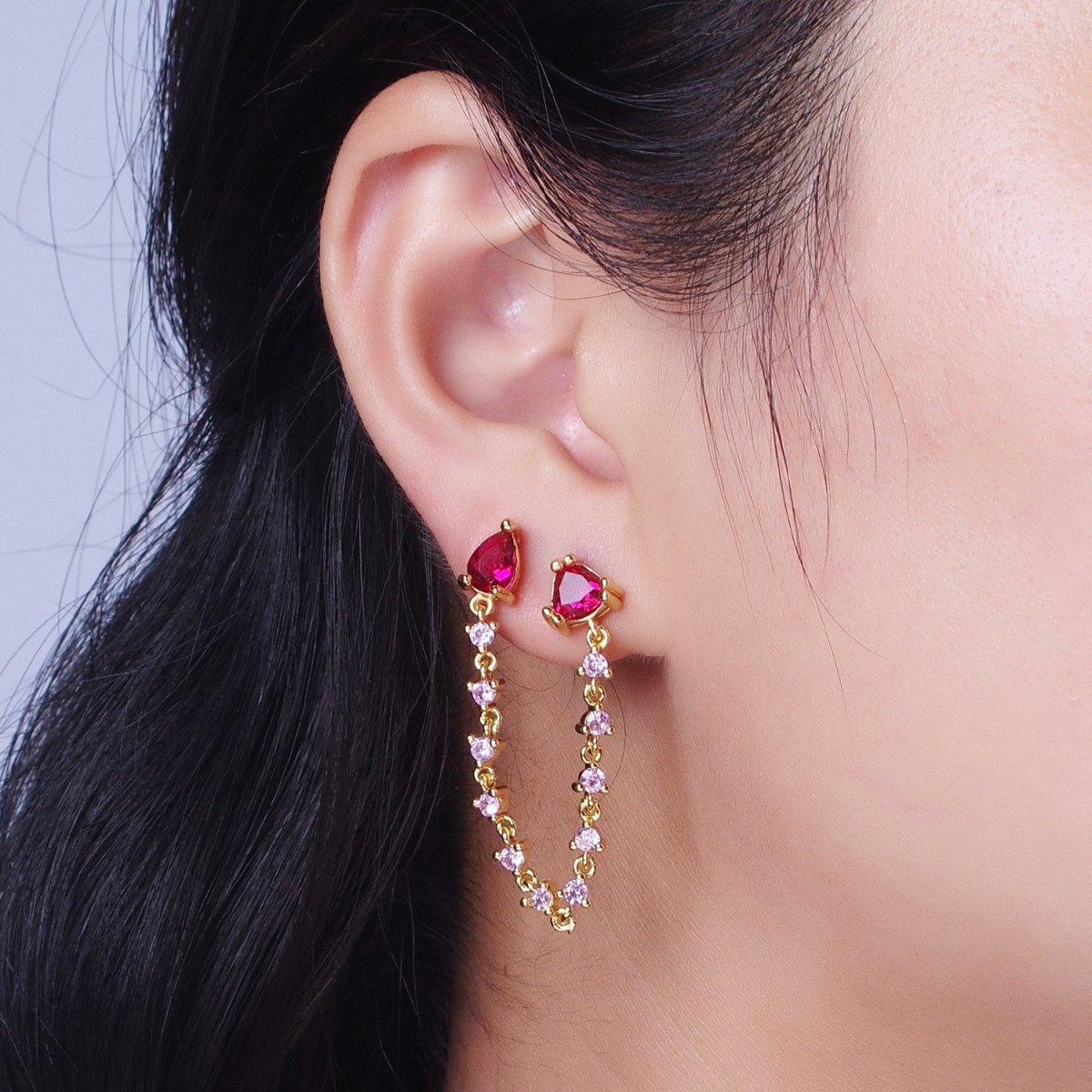 24K Gold Filled Pink Cubic Zirconia Chain Link Double Fuchsia Teardrop Stud Earrings | Y-117 - DLUXCA