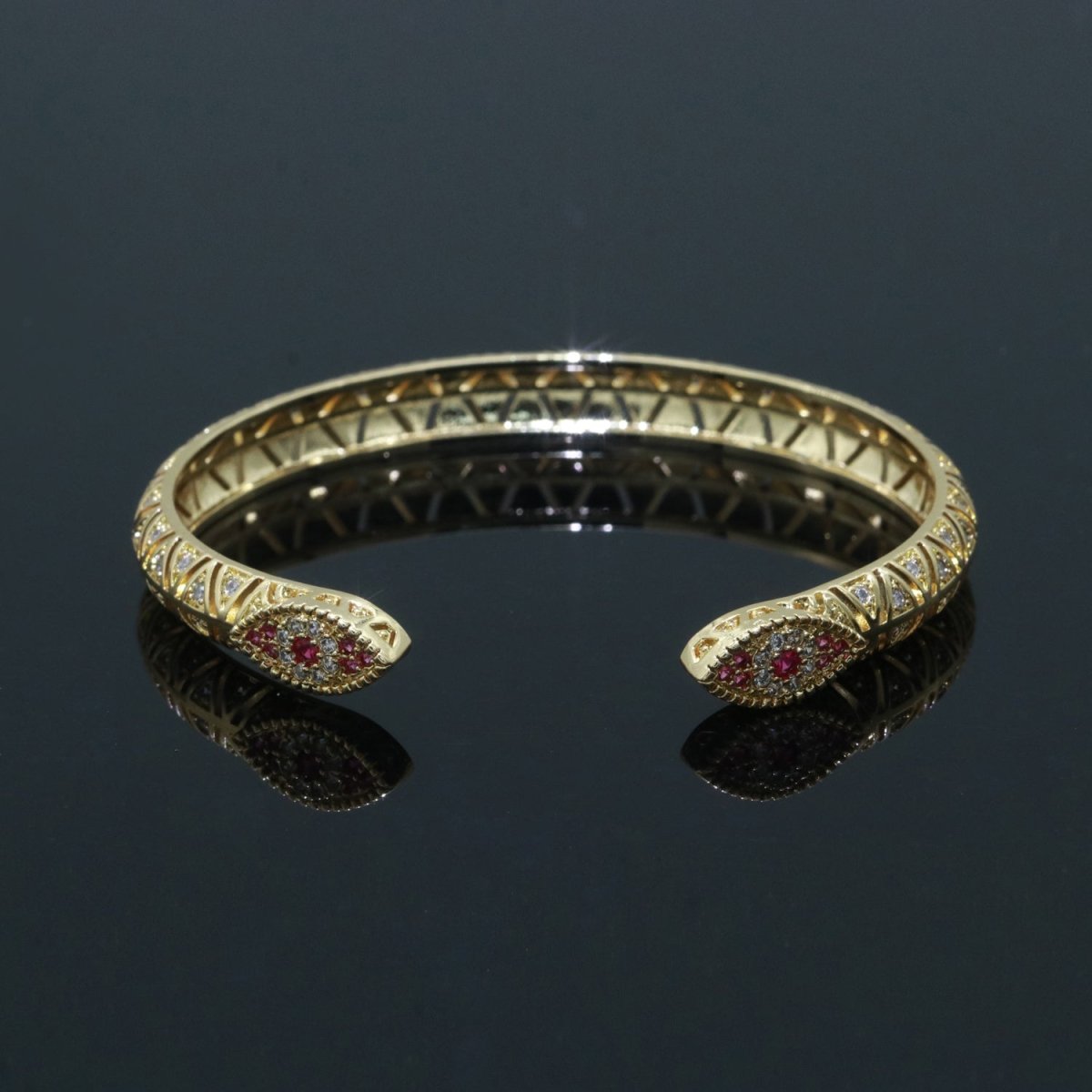 24K Gold Filled Pink Evil Eye Hamsa Bracelet Open Hamsa Hand Bracelet Open Bangle Luxury Cuff Bangle | WA-143 Clearance Pricing - DLUXCA