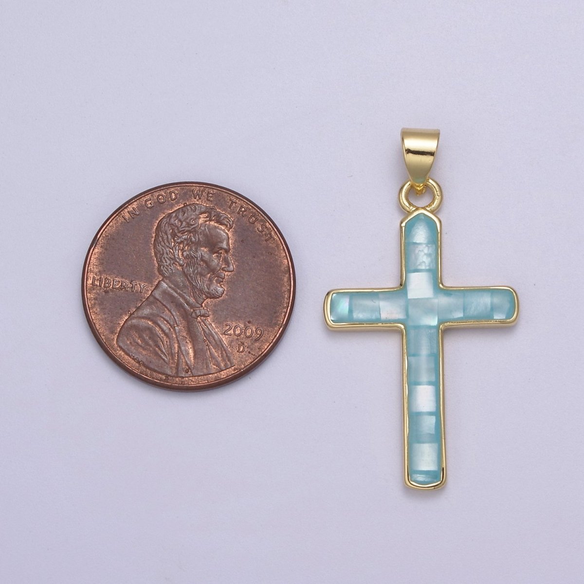 24K Gold Filled Pink / Green / Blue Opal Shell Religious Minimalist Cross Pendant H-745 H-747 H-763 - DLUXCA